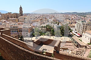 Views of the city with the Cathedral on the left from the Alcazaba of Malaga. Palatial fortification from the Islamic era built i