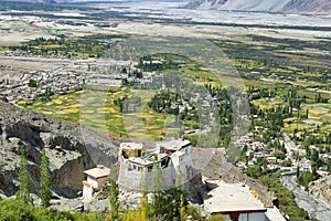 Views of Diskit gompa and Nubra valley fields from above, Ladakh, India