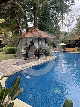 Views of hotel gardens and pools in indonesia