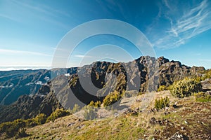 Views of the island of Madeira from the highest mountain, Pico Ruivo. Adventure on a small island in the Atlantic Ocean. Green photo