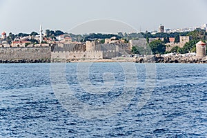 Views of the island of Rhodes while walking on a ship on the Aegean Sea