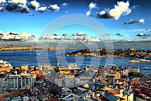 Views of Istanbul from the Galata Tower (Istanbul Turkey). Bosphorus. Golden Horn at sunset