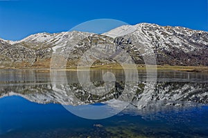 Views of the lake matese in winter with the almost icy surface and snow-capped mountains. Regional area of â€‹â€‹the massif of