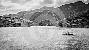 Views of Lake Siurana in a black and white image