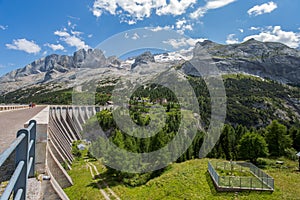 Views of Marmolada mountain massif, the highest mountain in the Dolomites group, Italy/ mountain/ snow/ peak/ rock