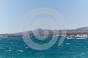 Views of Mediterranean coast from sea, warships, photo