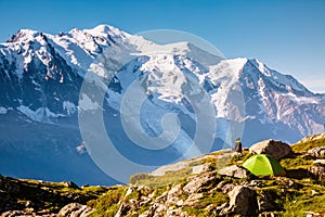 Views of the Mont Blanc glacier with Lac Blanc. Location Nature Reserve Aiguilles Rouges