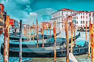 Views of the most beautiful canal of Venice - Grand Canal water streets, boats, gondolas, mansions along. Italy