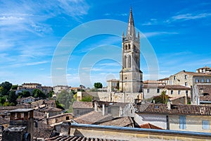 Views of old houses and streets of medieval town St. Emilion, production of red Bordeaux wine on cru class vineyards in Saint-