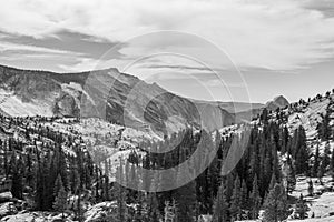 Views from Olmsted Point of the natural environment of Yosemite National Park with the Half Dome in the background