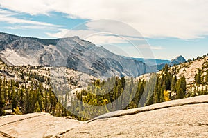 Views from Olmsted Point of the natural environment of Yosemite National Park with the Half Dome in the background