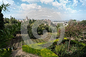 Views of the orchards, the Alhambra and the Albaicin from the Paseo de los Nogales in the Generalife