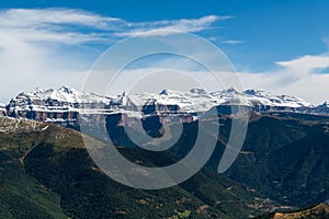 Views from Peloplin, Ordesa and Massif de Monte Perdido with the peaks of Mondarruego, Taillon, Casco, Cilindro de Marbore, Marbor