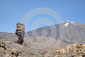 Views of Pico del Teide with Roque Cinchado on the left, unusual mineral formation part of Roques de Garcia, Tenerife