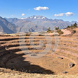 Views of the Sacred Valley of the Incas from the Moray archaeological site. Cusco, Peru