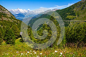 Views from Simplon Pass of Swiss Alps landscape in summer