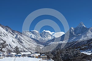 views of the snow-capped khumbu valley with the great mountains ama dablam, mt.everest and nuptse in the background from the