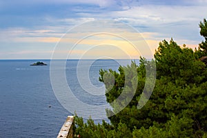 Views from the square of the Church of St Euphemia in Rovinj, Croatia, with vegetation at the foreground and the Adriatic Sea, an