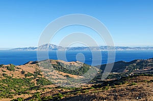 Views of the Strait of Gibraltar and the mountain Jebel Musa in Morocco from the Spanish side, provence Cadiz, Spain