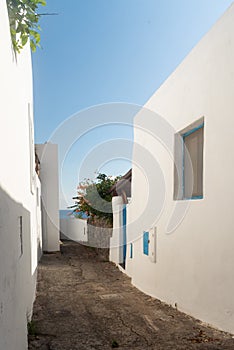 Views of streets and houses specific to Panarea island in a summer day, Aeolian Islands, Italy