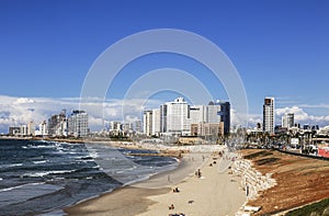 Views of Tel Aviv, the Mediterranean sea, holidaymakers on the beach people