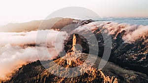 Views from the top of the mountain during sunset in fog in the canary islands