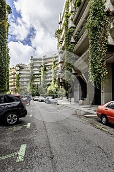 Views of an urbanization of concrete buildings with large vines trailing down the facades