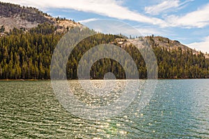 Views of the water and surroundings of Lake Tenaya at one of the entrances to Yosemite National Park, California, USA