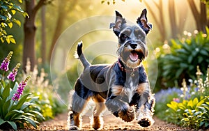 The vigilant and clever Schnauzer is running in the park