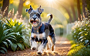 The vigilant and clever Schnauzer is running in the park