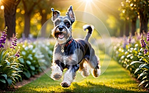 The vigilant and clever Schnauzer is running in the park