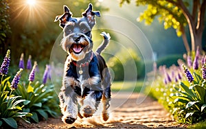 The vigilant and clever Schnauzer is running in the park