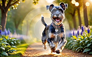 The vigilant and clever Schnauzer is running in the park