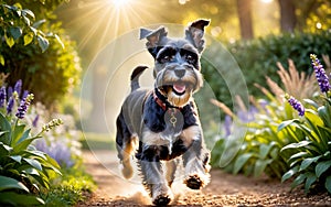 The vigilant and clever Schnauzer is running in the park