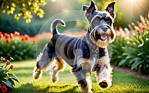 The vigilant and clever Schnauzer is running in the park