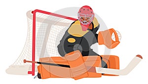 Vigilant Hockey Goalkeeper Guards The Net With Determination, Clad In Protective Gear, Poised To Block Shots