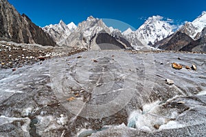 Vigne glacier and K2 mountain peak in Karakoram mountains range, K2 base camp trekking route, Pakistan photo