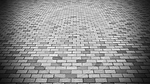 Vignette Perspective View of Monotone Gray Brick Stone Street Road. Sidewalk, Pavement