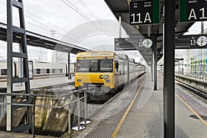 Vigo, Spain - Feb 12, 2020: Comboios de Portugal train stopped at Vigo-Guixar railway station on February 12, 2020 in Vigo,