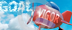Vigor helps achieve a goal - pictured as word Vigor in clouds, to symbolize that Vigor can help achieving goal in life and