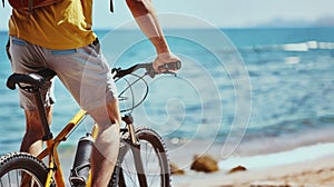 A Vigorous Young Cyclist in Bright Attire Conquers the Beach Terrain, with the Serene Sea Guiding His Way