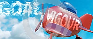 Vigour helps achieve a goal - pictured as word Vigour in clouds, to symbolize that Vigour can help achieving goal in life and photo