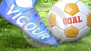 Vigour and a life goal - pictured as word Vigour on a football shoe to symbolize that Vigour can impact a goal and is a factor in photo