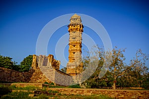 Vijaya Stambha \'victory monument\' constructed by Mewar king Rana Kumbha in year 1448  at Chittorgarh fort in Rajasthan, India to photo