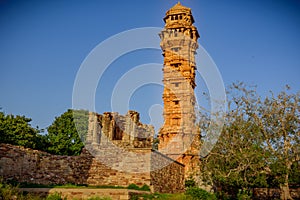Vijaya Stambha \'victory monument\' constructed by Mewar king Rana Kumbha in year 1448  at Chittorgarh fort in Rajasthan, India to photo