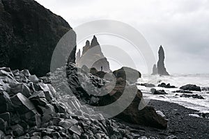 Vik and Basalt Columns, Black Sand Beach in Iceland