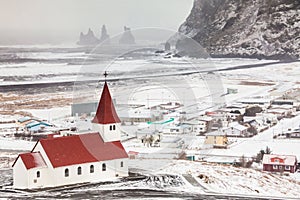 Vik Church view during winter snow