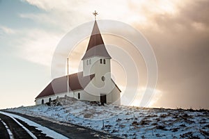 Vik Church view during winter snow