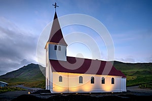 Vik i Myrdal Church in the evening, Europe, Iceland