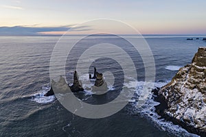 Vik Rock formation in Iceland by air